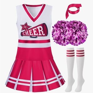 NWT Pink Cheerleader Uniform with Pom Poms, Socks, a ribbon costume size 8-10